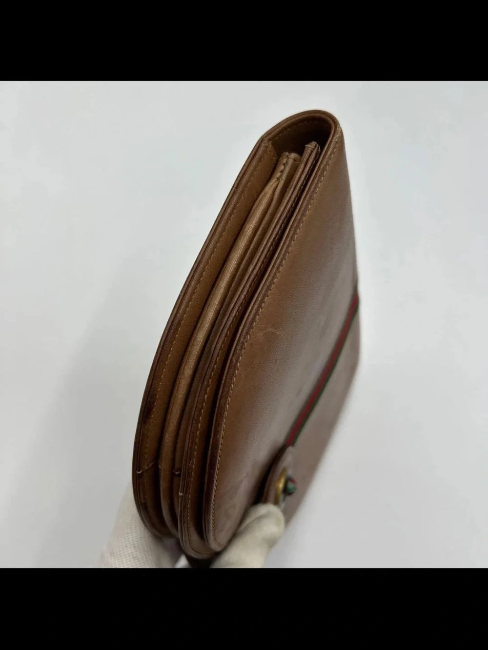 Gucci Brown Leather Clutch with Signature Green and Red Web